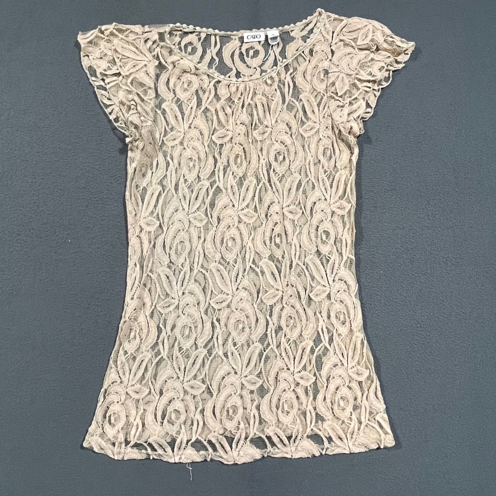 Cato Lace Dress Women Medium Beige Short Sleeve Floral Sheer Romantic Coquette